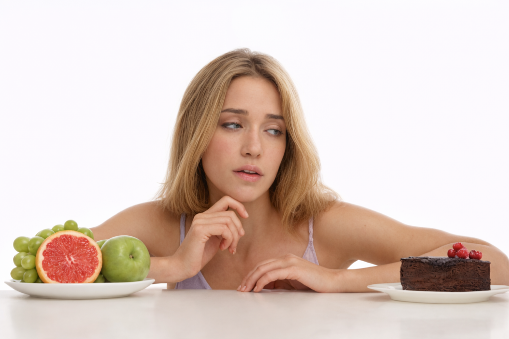 Woman deciding between healthy fruit and chocolate cake, symbolizing sugar choices and mood balance.