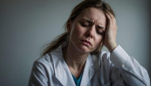 Woman in midlife feeling tired and frustrated during perimenopause.