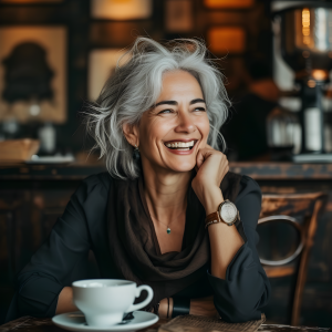 woman smiling happily with healthy teeth due to her morning oral hygiene
