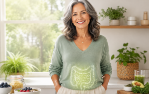 Healthy woman in her 50s smiling, representing the connection between gut health, hormones, digestion, and energy in midlife.