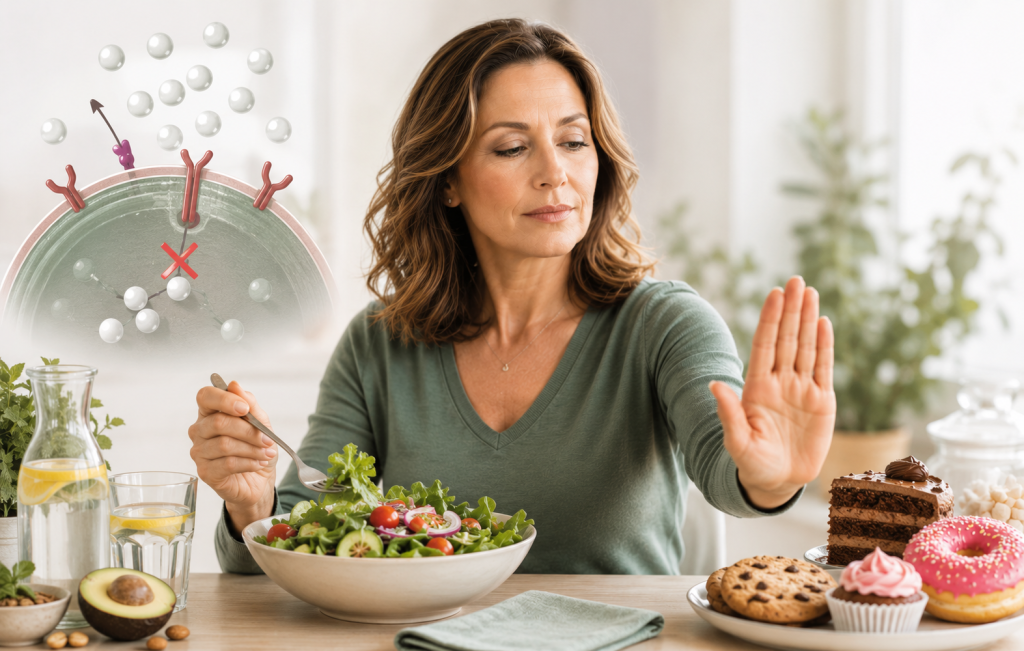 Woman in her 40s or 50s eating a fresh salad and rejecting sugary desserts, symbolizing healthy choices to reduce insulin resistance and support weight loss and energy.