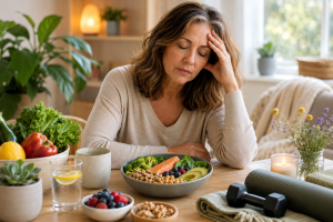 Woman in her 50s sitting at a kitchen table with tea and healthy food, looking tired but hopeful, representing hidden inflammation and fatigue in midlife.