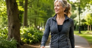 A healthy midlife woman enjoying a calm morning routine with water, nutritious food, gentle movement, and natural light to support daily energy.