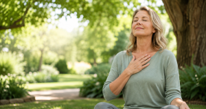 A calm, healthy woman in midlife sitting peacefully outdoors, breathing deeply, and supporting her nervous system with relaxation and self-care.