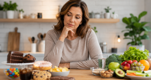 Woman over 45 looking tired while surrounded by sugary snacks and healthier food choices.