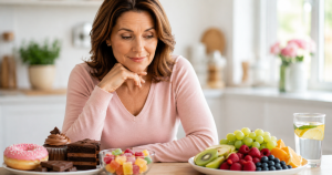 Woman over 45 choosing fresh fruit instead of sugary snacks to support healthy hormones.