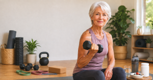 Fit older woman strength training with dumbbells at home, surrounded by workout equipment, protein-rich food, and recovery essentials.