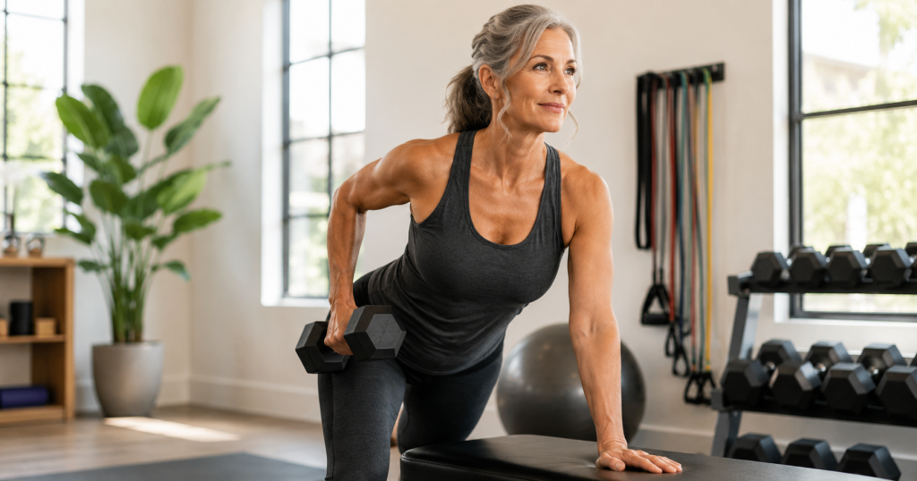 Strong woman over 45 performing a dumbbell strength-training workout in a bright fitness studio