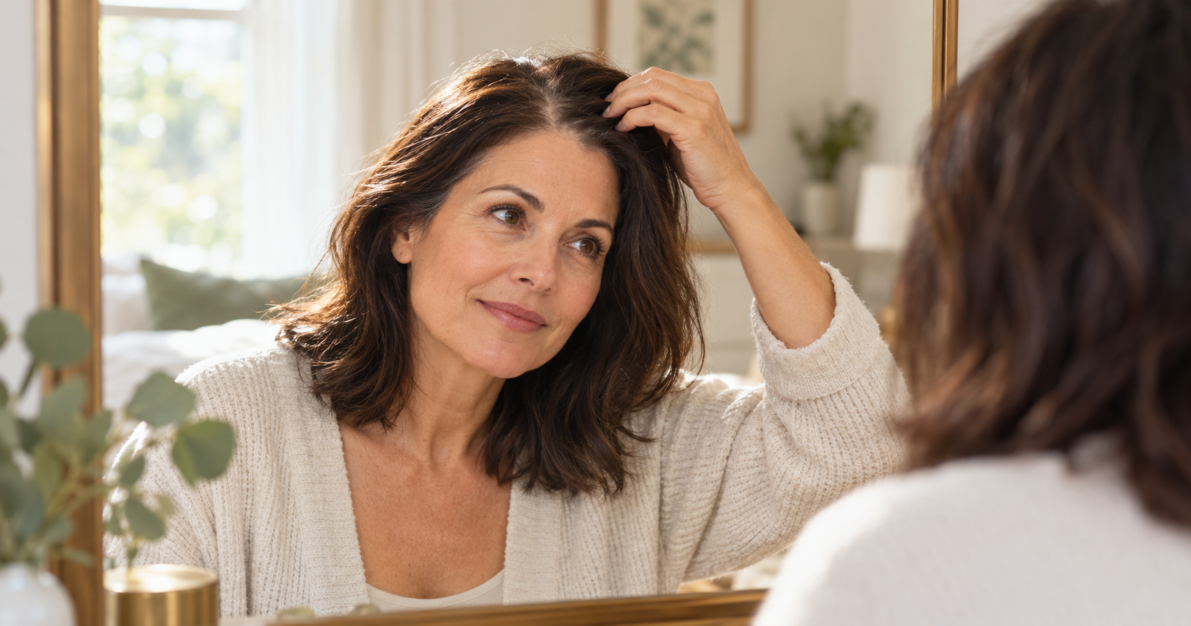Midlife woman gently examining her hair and scalp in a mirror.