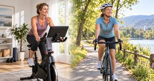 Woman over 40 comparing indoor stationary cycling with riding a bicycle outdoors.
